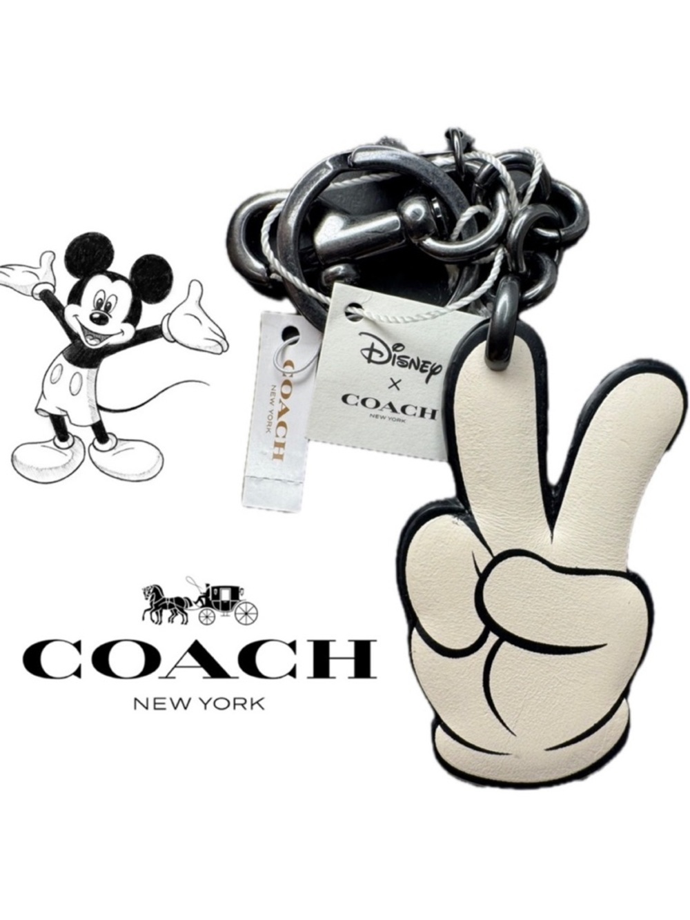 Coach Peace Sign Mickey Mouse X Disney Collab 2017 Leather Fob Rare Keychain